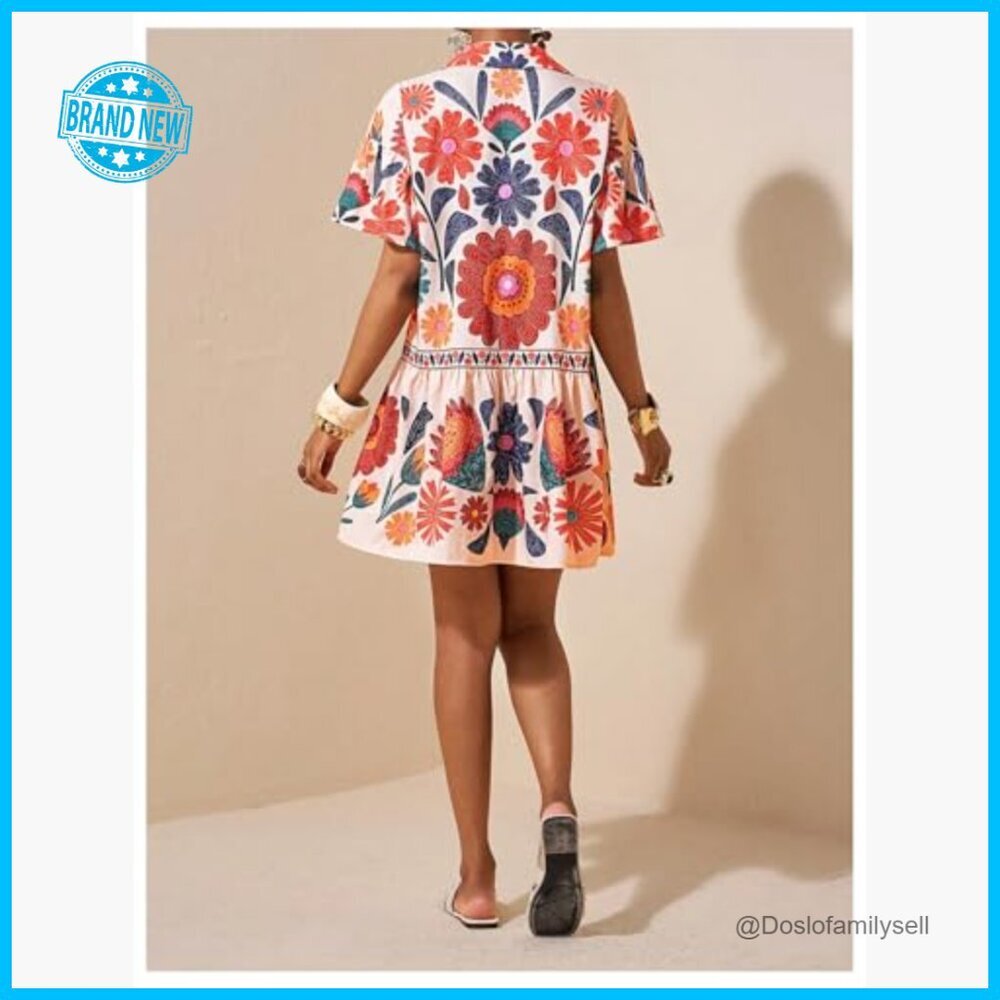 Floral Babydoll Dress Collared Short Sleeve Button Down Ruffle Summer Chic - Picture 2 of 5